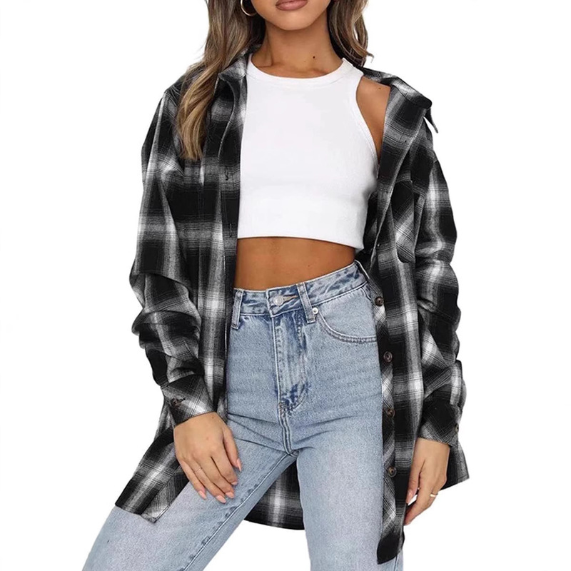 2025 European and American plus size Women's Shirt Long Sleeve Plaid Casual Shirt Top