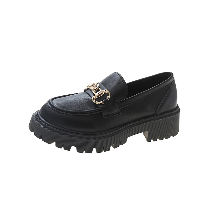Zapatos de cuero gruesos y gruesos con suelas gruesas y zapatos pequeños estilo británico nuevos zapatos de primavera con un pie para pedalear zapatos femeninos zapatos negros de felicidad