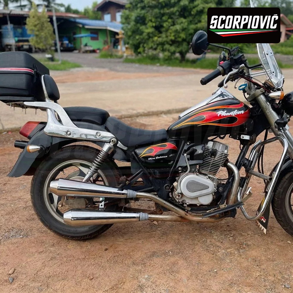 Motorcycle exhaust pipe modification, vintage retro exhaust pipe, Harley Prince cruiser, electroplated direct exhaust with back pressure silencer