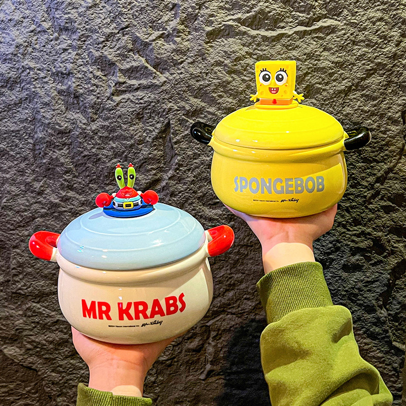 Bob Esponja bols de cerámica bols de fideos de esponja bols de cerámica bols de cerámica bols de dibujos animados de doble oreja gran capacidad muñeca