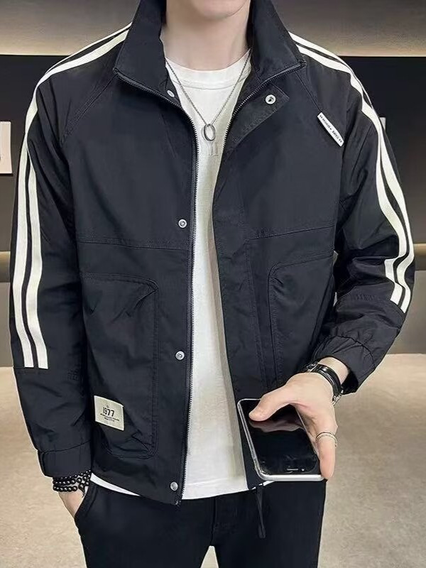 春秋季新款条纹拼色立领工装外套男士潮流休闲百搭修身飞行员夹克|undefined