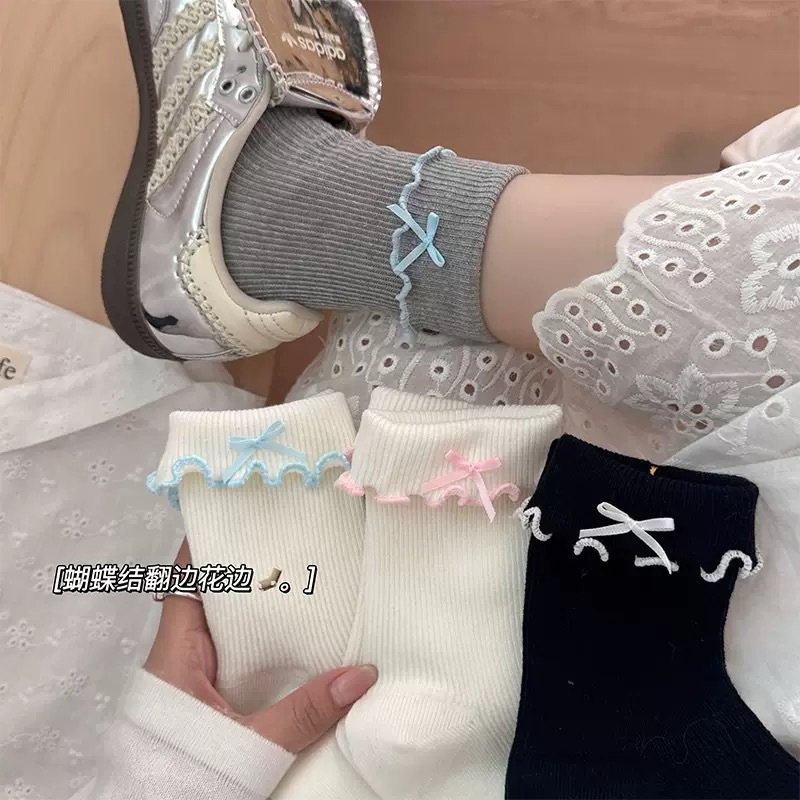 日系甜美木耳邊襪子女可愛翻邊蝴蝶結中筒襪春秋款少女風jk堆堆襪