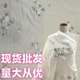 新中式国风雪纺刺绣绣花布 春夏古风汉服上衣连衣裙多色花朵面料