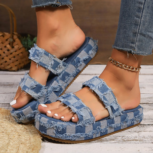 Women's washed denim platform slippers��ëţ�к����ЬŮ�⴩