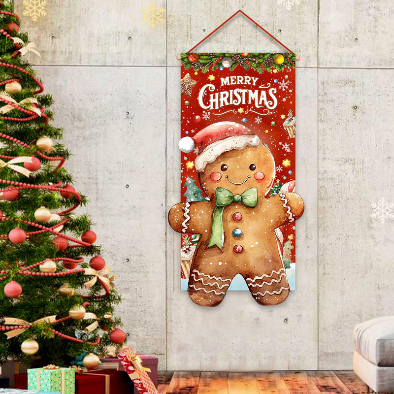 クロスボーダージンジャーブレッドマンパターンドアクリスマスドアカーテンフラグ屋外撮影2025パーティー背景装飾吊り布|undefined
