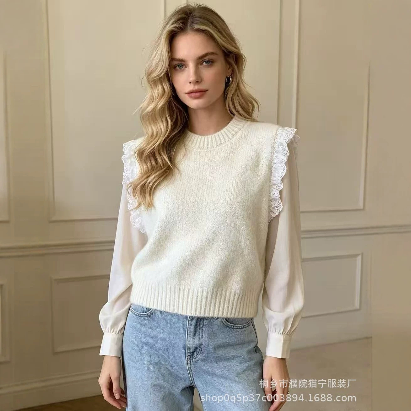 Korean style spring and autumn new round neck and collar lace trim soft style sweater vest women's high-end knitted cardigan vest