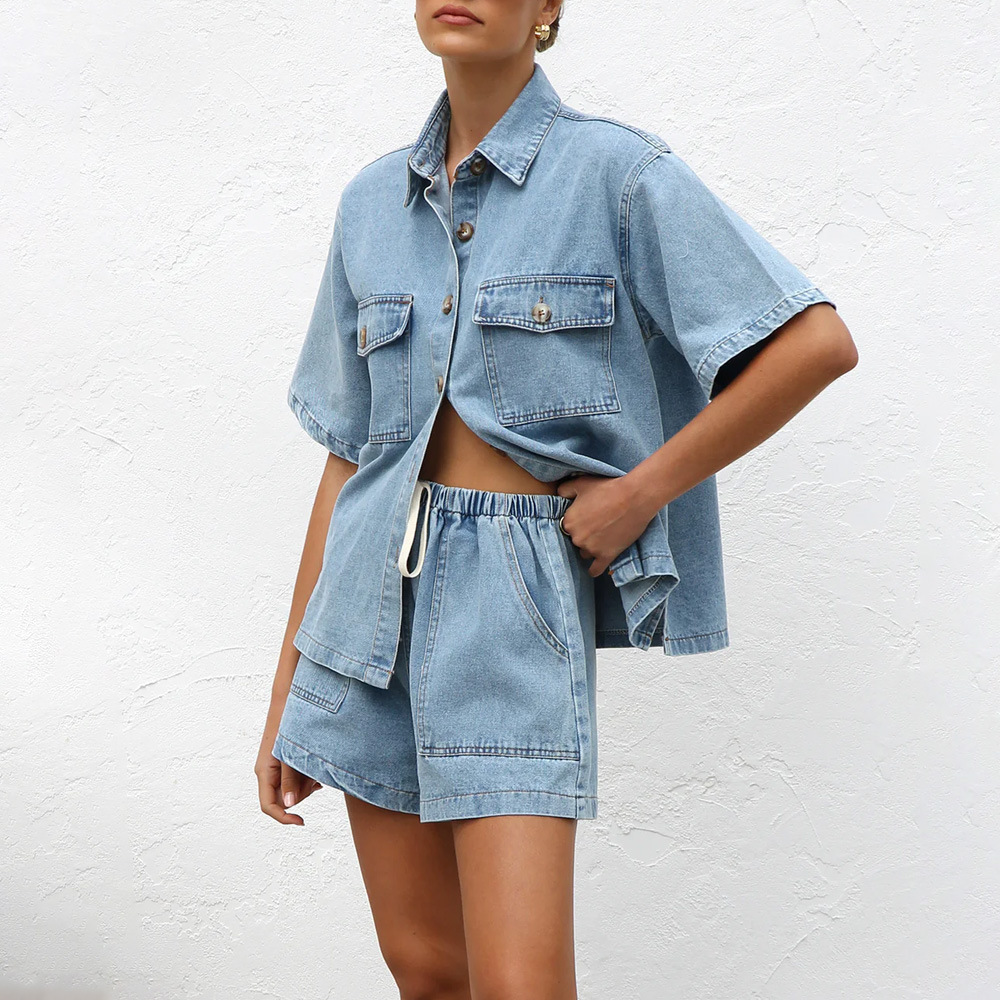 2 Pieces Set Quantity Daily Occasion Daily Women's Casual Solid Color Polyester Denim Shorts Co-ord Set Shorts Sets