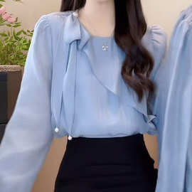 2025秋季新款法式飘带蝴蝶结长袖衬衫女士感轻奢垂感衬衣其他