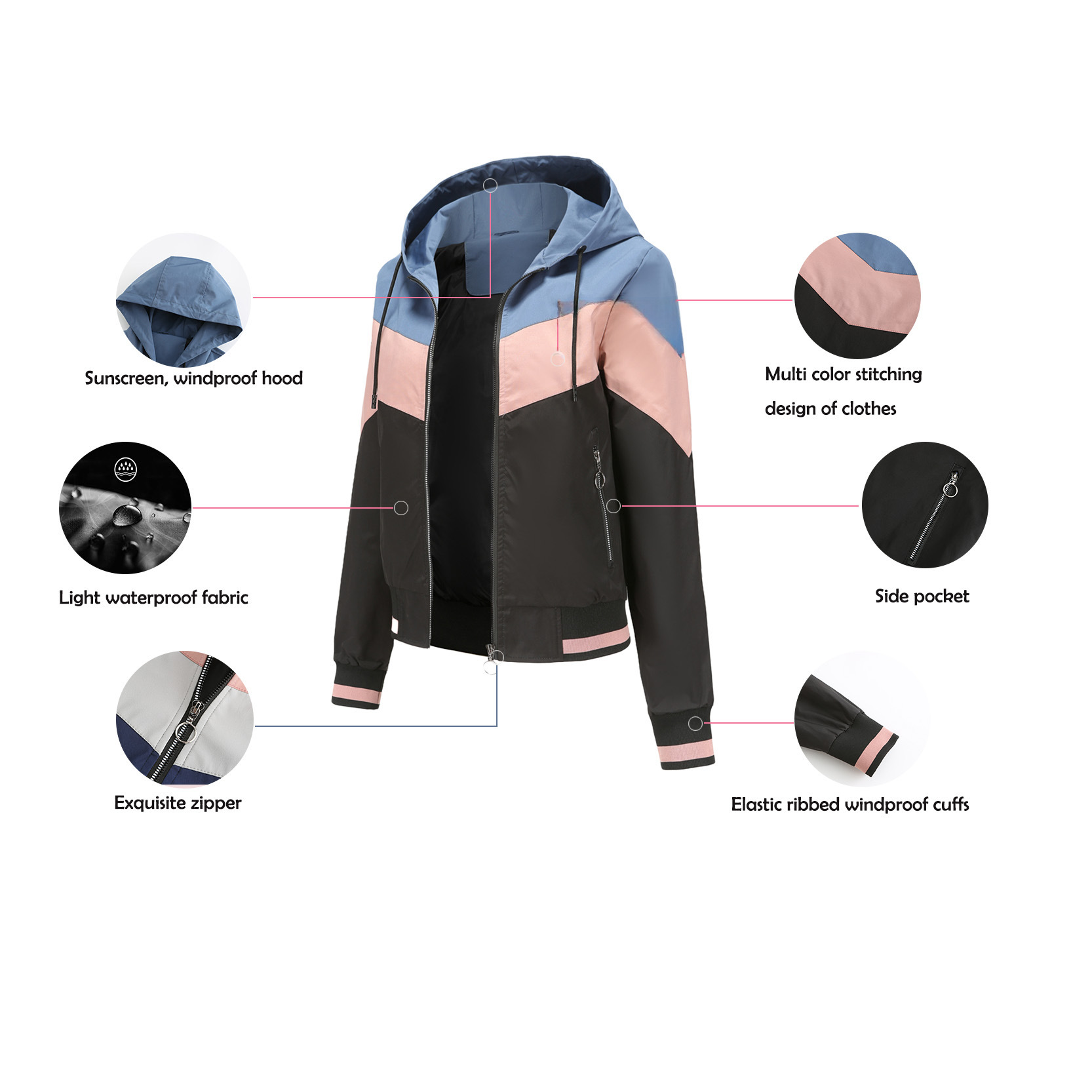 Women's Thin Windbreaker Women's Spring and Autumn Hooded Jacket Women's Outdoor Raincoat Color Matching Pull Rope Jacket_voghion.com