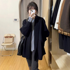 复古法式黑色毛衣外套开衫女秋季新款宽松慵懒风中长款针织上衣