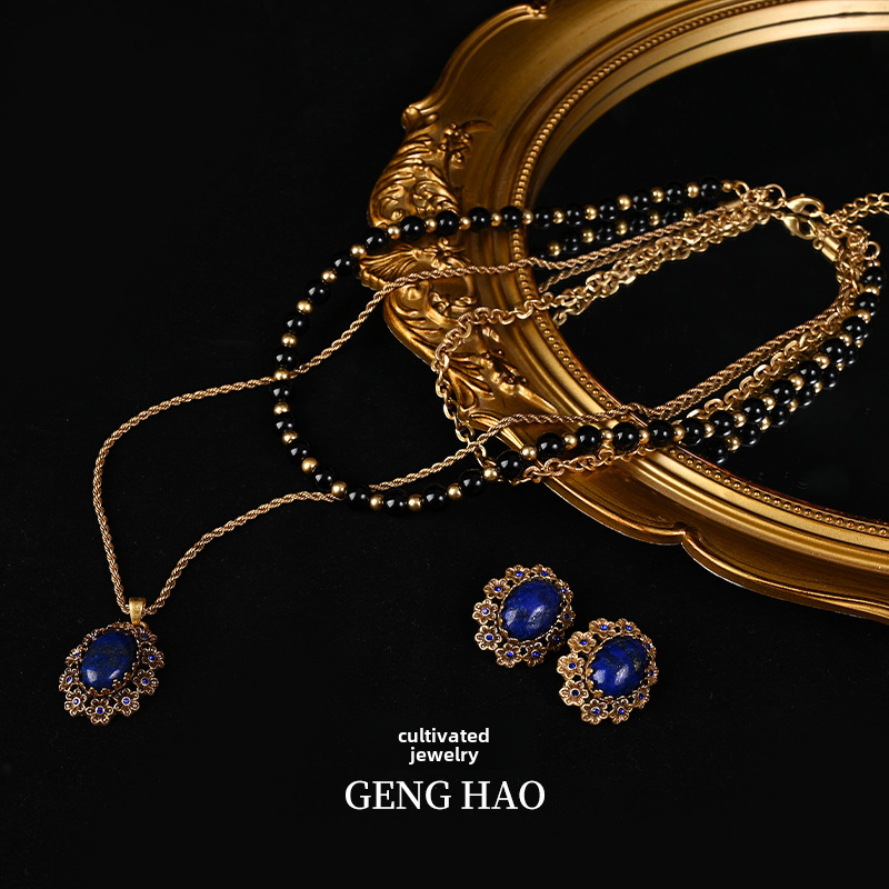 Qingdao mid-ancient jewelry multi-color lace pearl necklace stud earrings Women's Light luxury texture retro jewelry suit_voghion.com