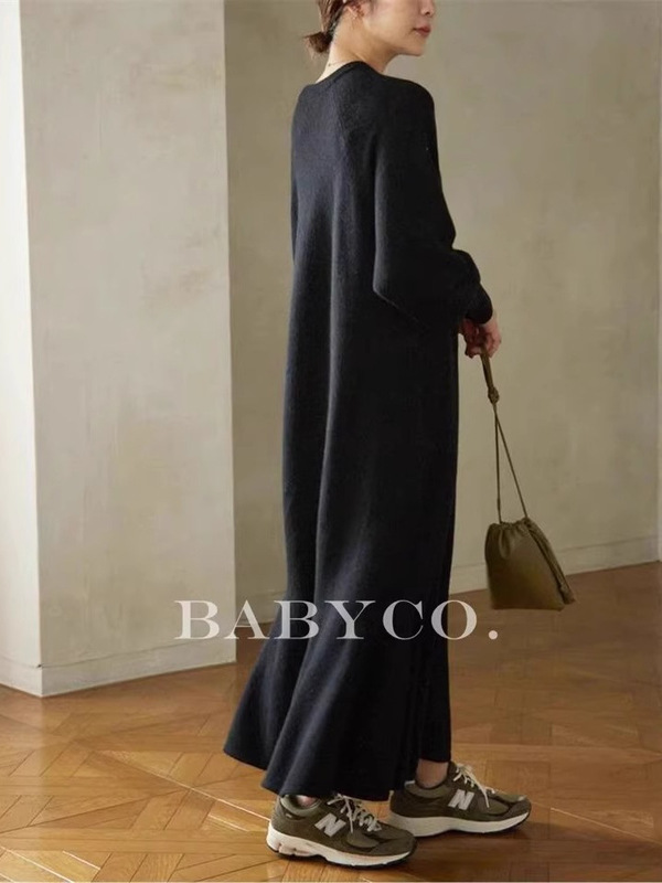 52002#灯笼袖高级感鱼尾裙秋冬新款胖mm简约大码宽松长袖连衣裙女|undefined