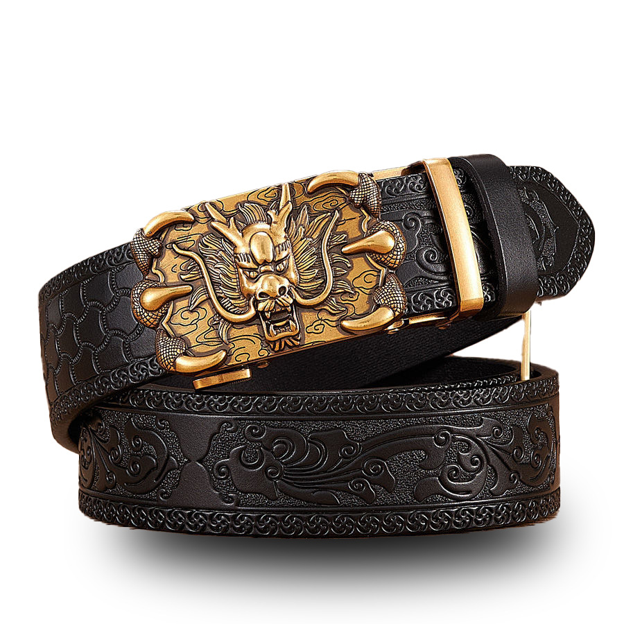 新款复古龙王自动扣牛皮腰带雕花纹路霸气仿古男士皮带牛皮带批发