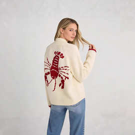 2026欧美春秋新款针织开衫休闲通勤单排扣长袖虾虾印花针织上衣