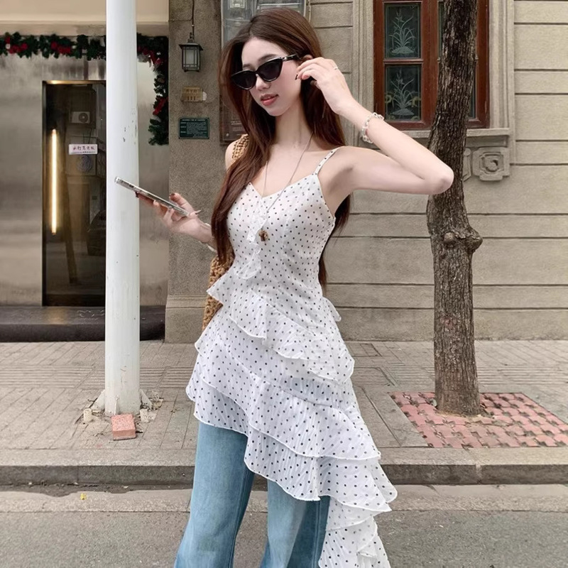 Beach Vacation White Polka Dot Suspender Dress for Women Summer First Love Date Irregular Ruffled Backless Beach Dress Beach Vacation White Polka Dot Suspender Dress for Women Summer First Love Date Irregular Ruffled Backless Beach Dress