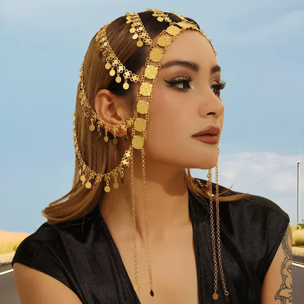 Creative European and American cross-border fashion gorgeous golden large and small disc tassel head chain, tassel women's hair accessory