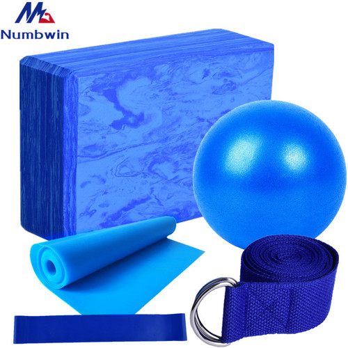 Gradient blue yoga brick five-piece set fitness stretching elastic band dance practice brick yoga ball auxiliary tool set