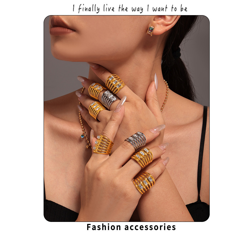 Square Sugar Multi Layer Square Zircon Exaggerated Ring Women's Fashion Hollow Out Versatile Stainless Steel Non Fading Finger Ring_voghion.com