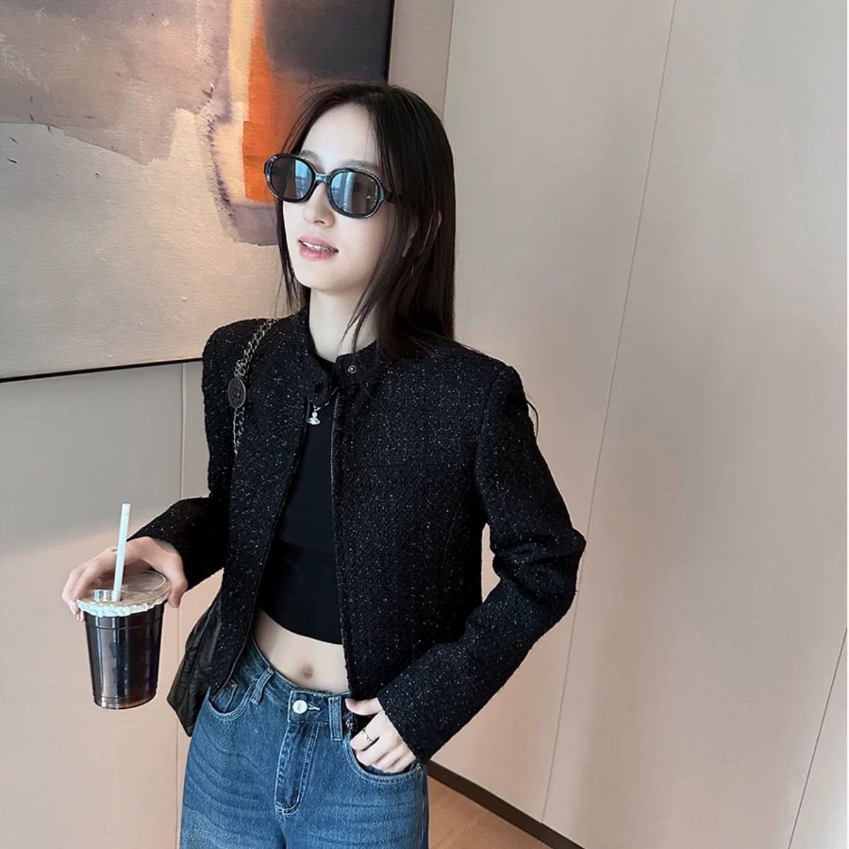 黑色粗花呢斜纹小香风外套女秋季2025新优雅气质百搭西服