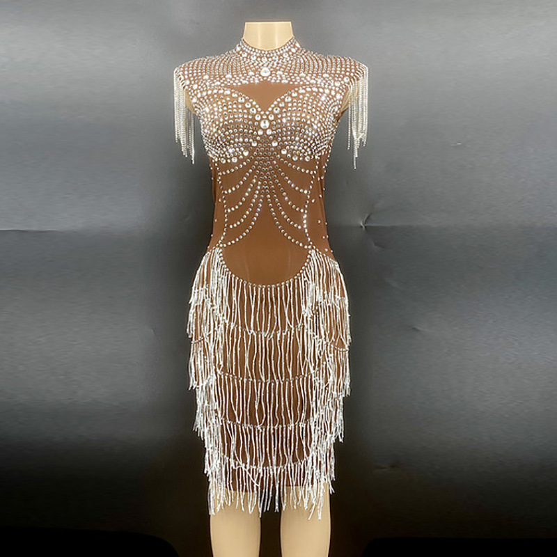 Summer Women's 2022 Crystal Tassel Luxury Ball Gown with Diamond Sleeveless Plain Dress Casual