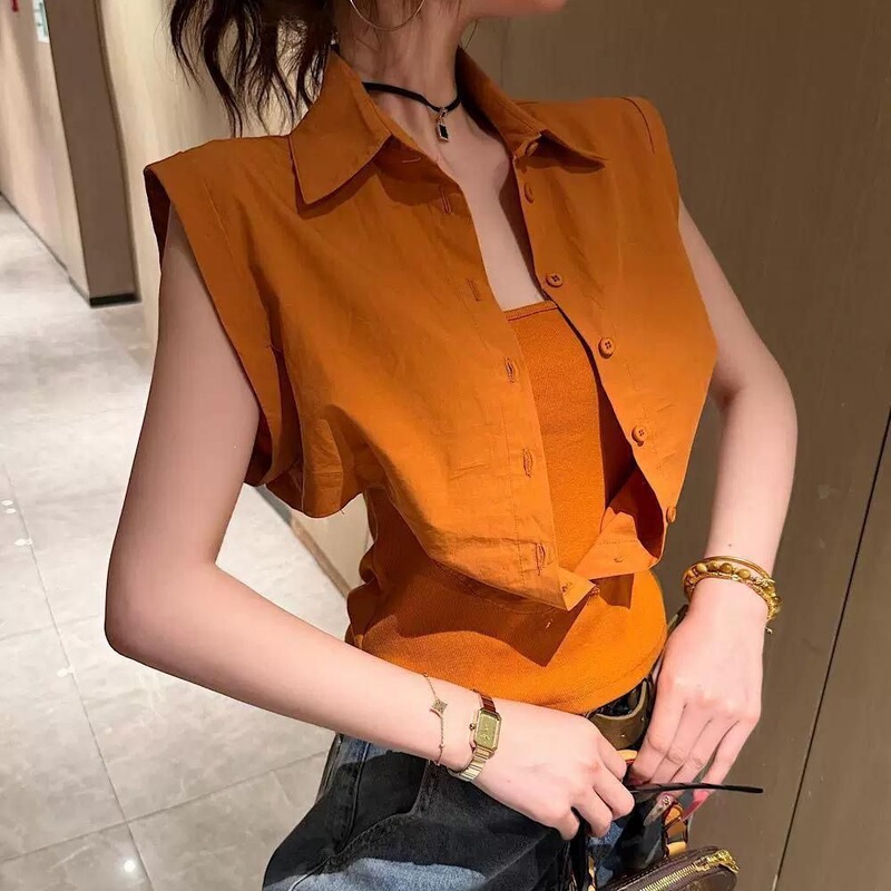Korean Fashion Polo Collar Sleeveless Shirt for Women 2026 Summer New Orange Fake Two-Piece Slimming Top Korean Fashion Polo Collar Sleeveless Shirt for Women 2026 Summer New Orange Fake Two-Piece Slimming Top