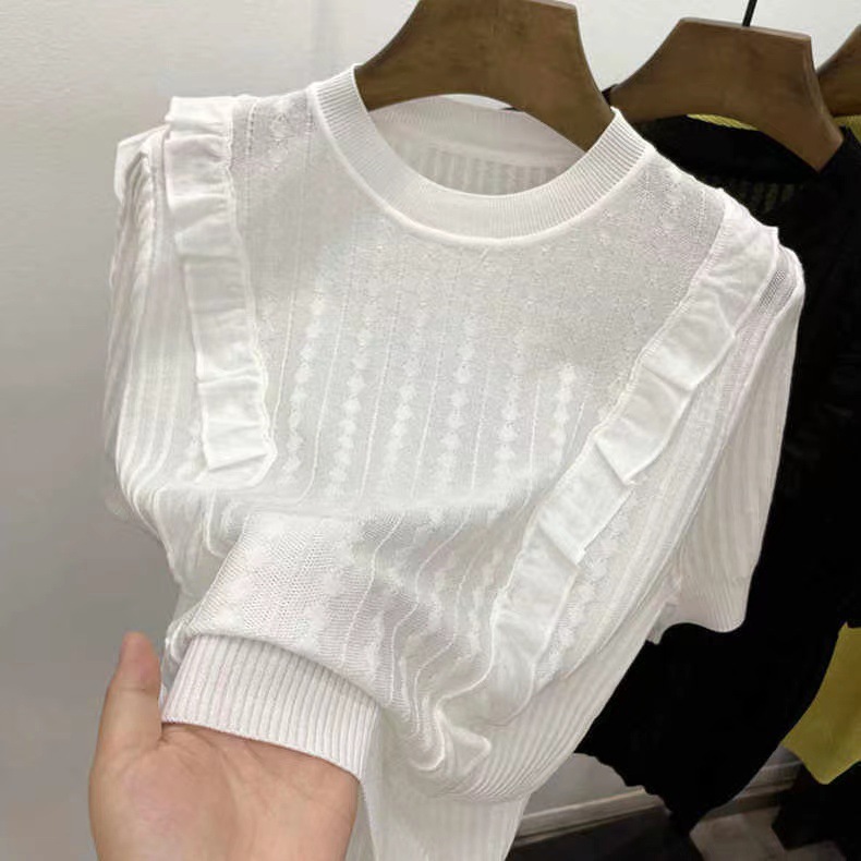 Áo thun dệt kim lụa băng mỏng viền bèo tay ngắn — Màu đen chi tiết 1
