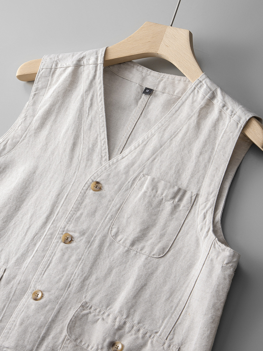 新商品の亜麻のベストの男性のゆったりした大きいサイズの日本の麻の綿のカジュアルなベストの青年のファッションの上着のvネックの袖なし