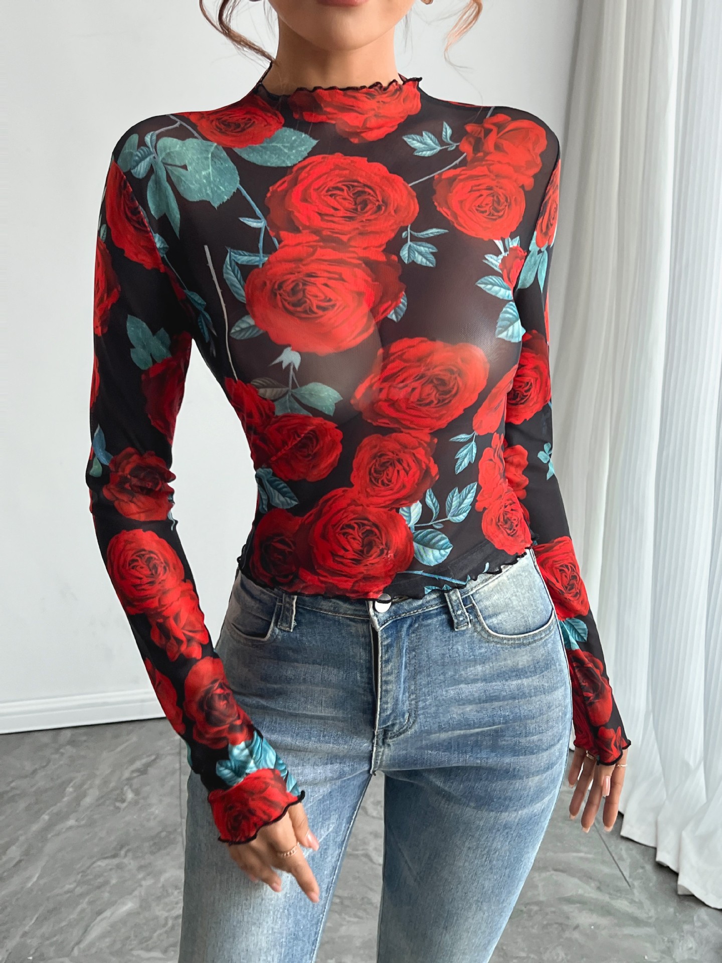 Amazon transfronterizo europeo y americano 2026 nuevo estilo femenino rosa transparente estampado floral de manga larga cuello pequeño