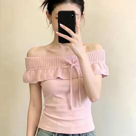 纯欲风性感一字肩蝴蝶结系带抹胸上衣女夏季新款修身显瘦针织衣服