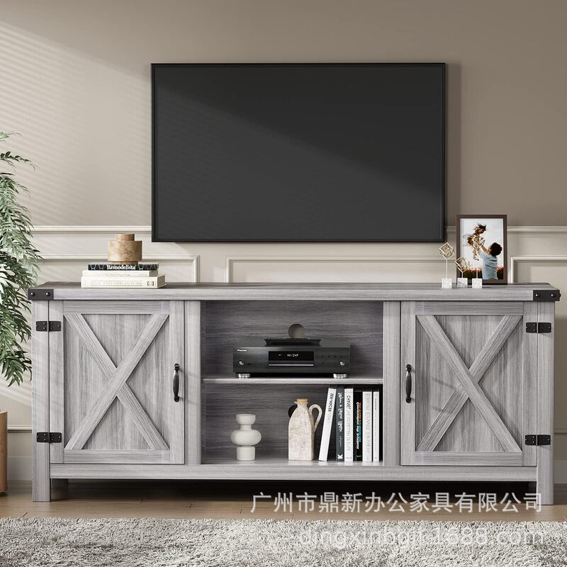 Modern Farmhouse Tv Stand with Two Barn Doors and Storage Cabinet Living Room Media Furniture Factory Direct Sale