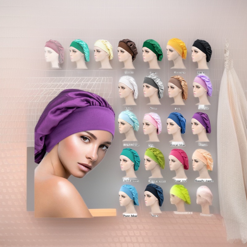 新款宽边纯色睡帽 女士时尚弹力护发帽 色丁化疗帽洗漱帽厂家直销