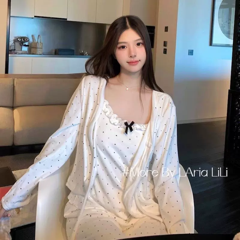 日系波点睡衣女三件套装春秋新款学生高颜值开衫长袖家居服可外穿