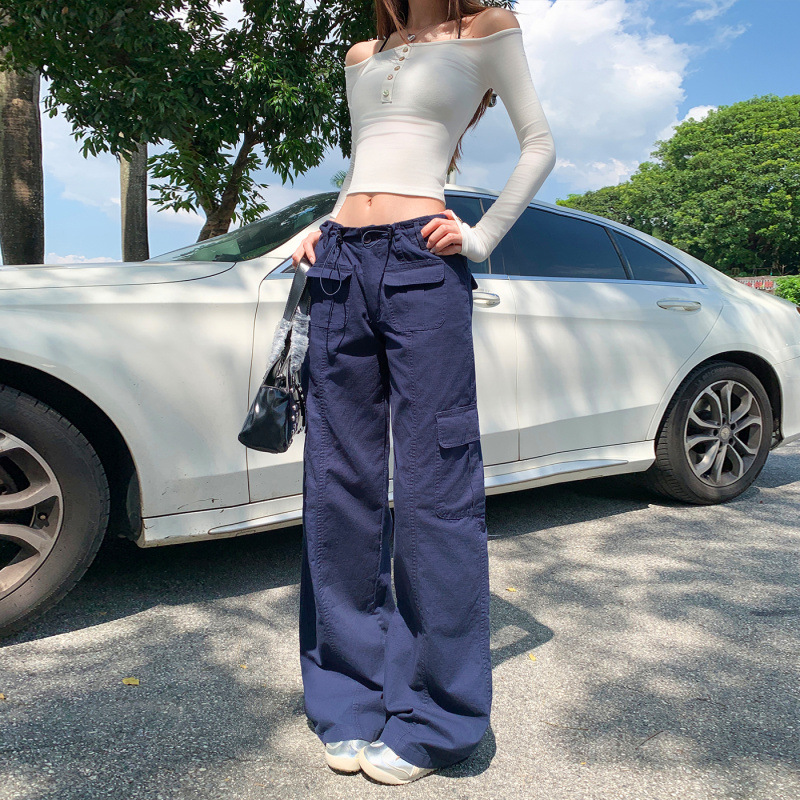 American Retro Navy Blue Multi-Pocket Cargo Pants for Women, Autumn New Loose Versatile High-Waisted Straight-Leg Casual Long Pants