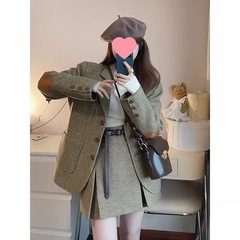 毛呢西装套装裙女2025秋冬装小个子穿搭韩系高级感呢子外套两件套