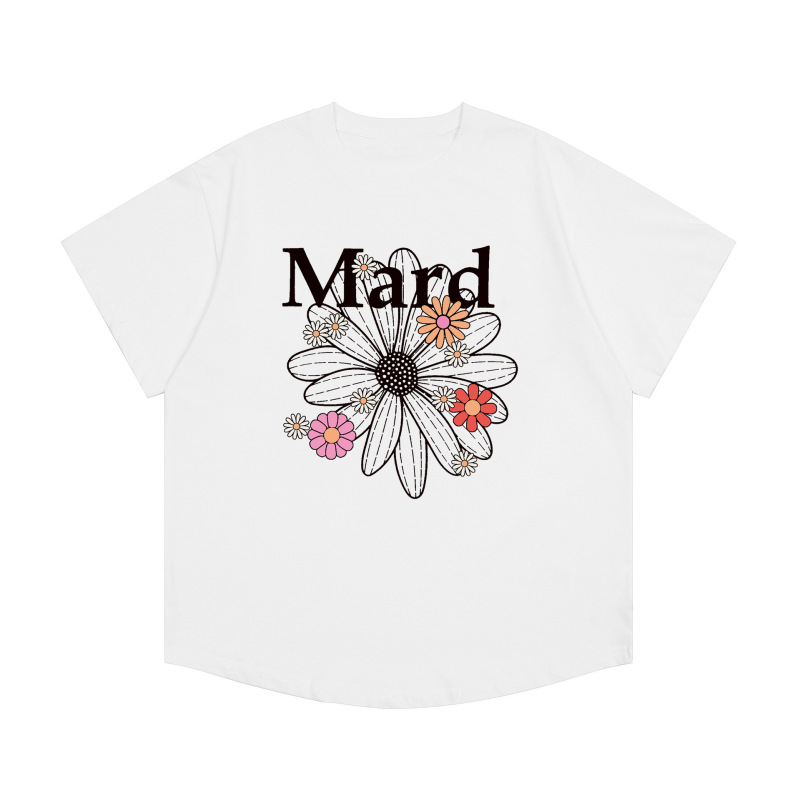 韓国マルディトレンディな半袖フラワープリントゴールドハイシルバー夏ラウンドネック純綿ルーズTシャツトップトレンディ|undefined