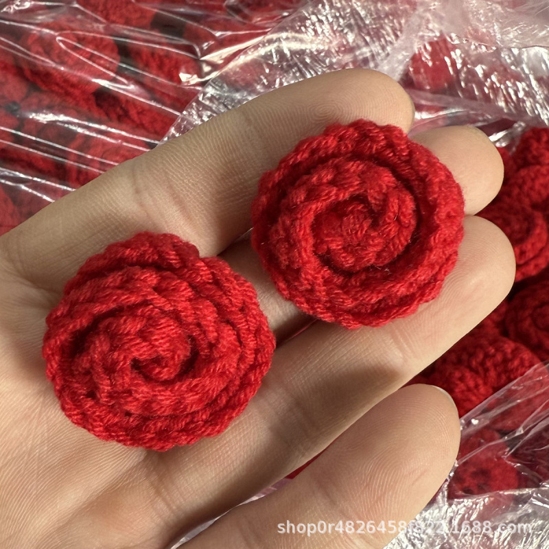 成品手工编织玫瑰花小红花仿真花diy毛线花半成品花毯配件情人节|undefined