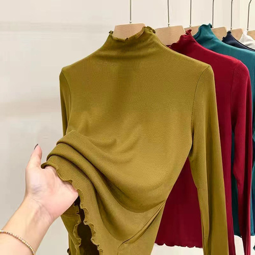 Mid-aged mom's ribbed half-high collar basic top women's innerwear autumn winter slimming mushroom edge long-sleeved T-shirt women's top