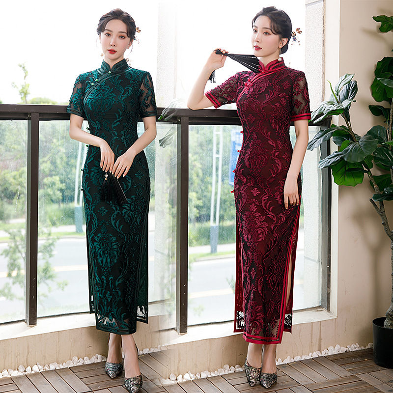 Summer retro ethnic long elegant velvet cheongsam