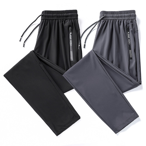 Summer Casual Straight Leg Pants Ice Silk Stretch Waist Quick-Dry Ankle Pants Slim Pocket Zipper Wearable Sport Pants for Men Trendy