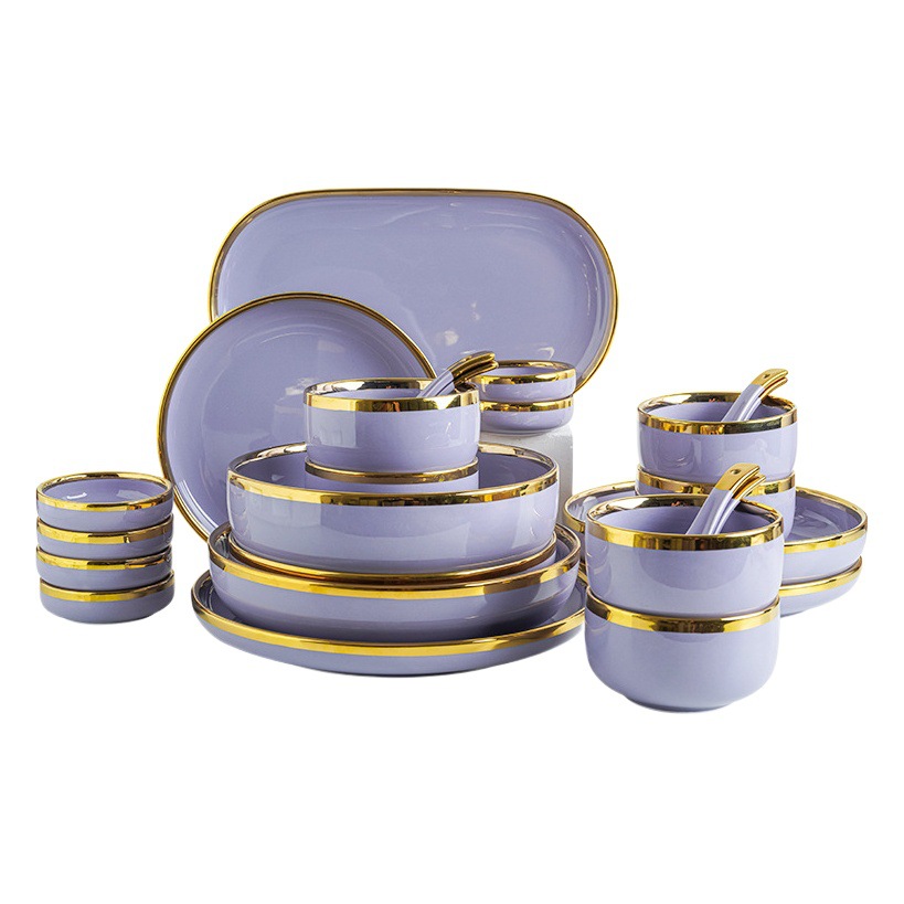 Luz nórdica estilo de lujo tazón plato traje hogar creativo neto rojo borde dorado vajilla de cerámica tazón plato de combinación plato sopa tazón