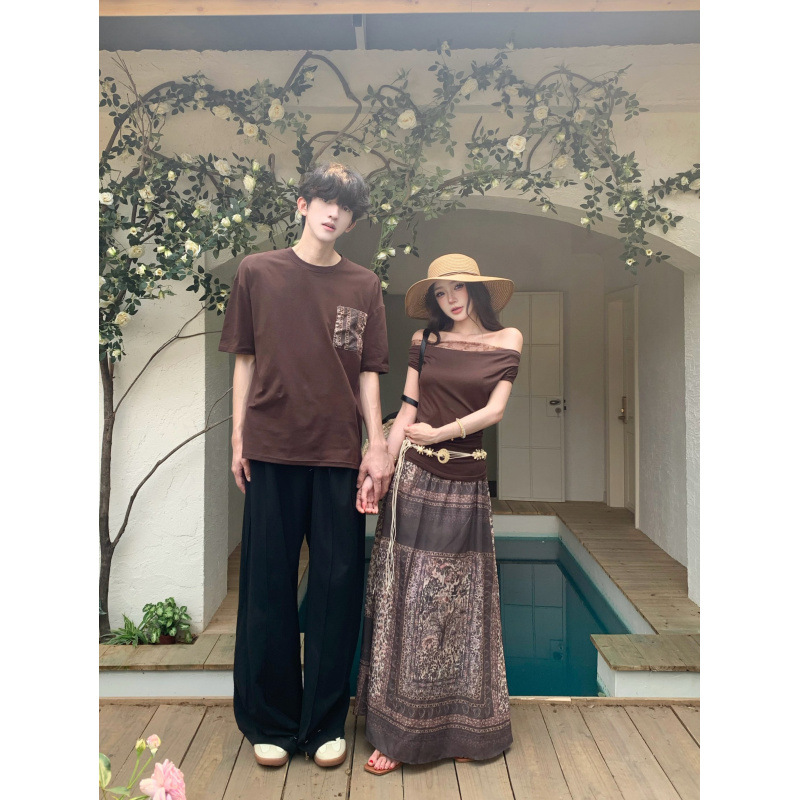 2026 Summer Maillard Color Series Vacation Travel Style Couple Outfit T-Shirt Set
