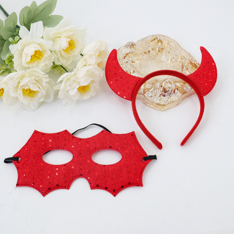 Halloween encantador diablo conjunto de decoración de cuerno de toro cabello bandos de cabeza bandos diablo tenedor de decoración de vacaciones props fábrica al por mayor
