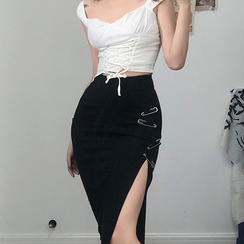 high slit high waist pins slim solid color skirt NSGWY122780