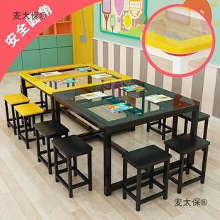 Kindergarten Primary School Students Double-Layer Handmade Art Painting Table Rounded Corner Tempered Glass Table Studio Desks and Chairs Metabo
