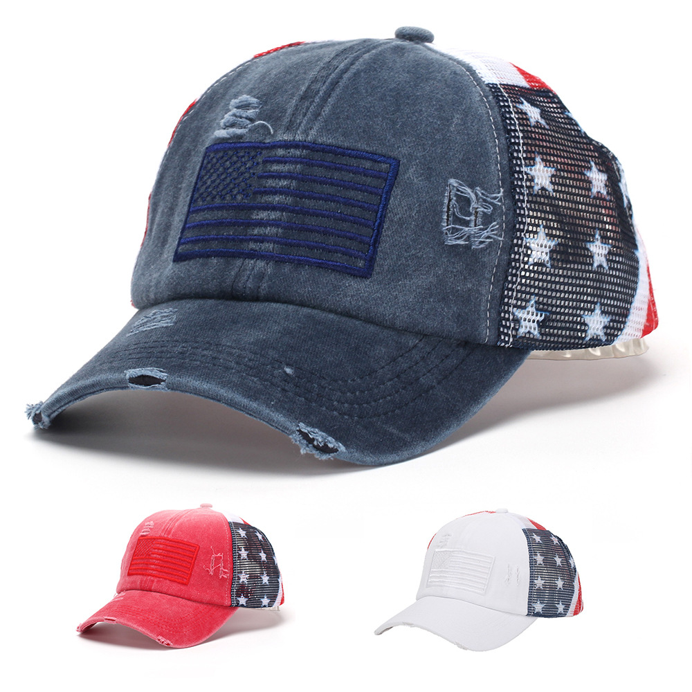 Cross-Border New Washed Ripped Baseball Cap American Flag Five-Pointed Star Foreign Trade Women's High Ponytail Curved Brim Peaked Cap