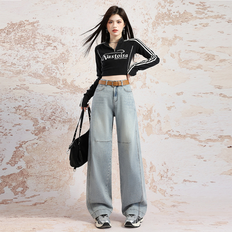Jeans de pierna ancha azul claro de primavera de mujeres, nuevo tamaño de pera, cintura alta, pantalones de macheta rectos sueltos y delgados