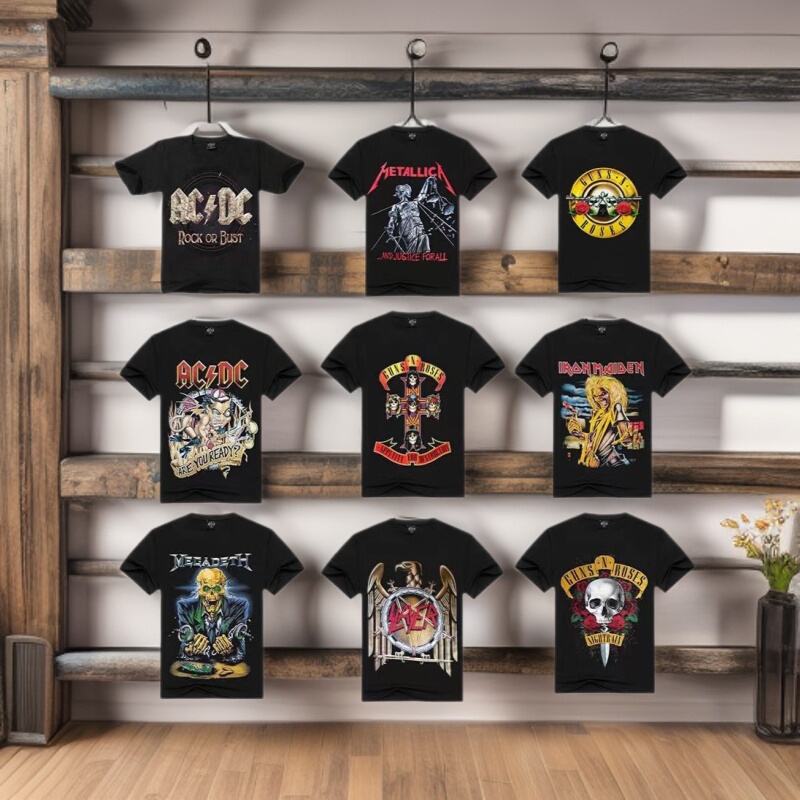 Rock Band Acdc Short-Sleeved T-Shirt Megadeth Gun Flower Metallica Simple Loose Queen Round Neck Men