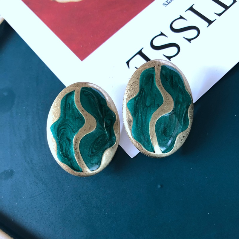 10g Weight No Inlaid Inlay Material Earrings, Ear Studs Classification Travel Occasion Printing Pattern Women'S Gender Plating Design Simple Style Style Green, Gold, Silver Color Fashion Geometric Flower Green Fan-shaped Earrings 5