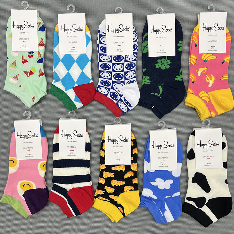 Happysocks Women's Simple Trendy Low Top Ankle Socks, New Versatile Ankle Collision Color Boat Socks