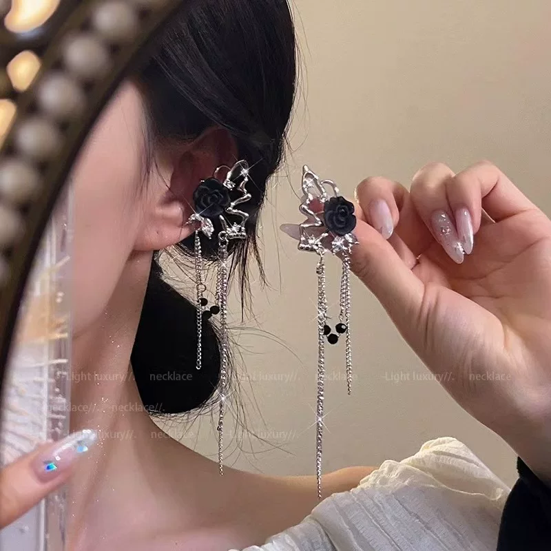 Small design earrings with tassels, ear clips, Chinese style, high-quality style, 2023 collection, internet celebrity